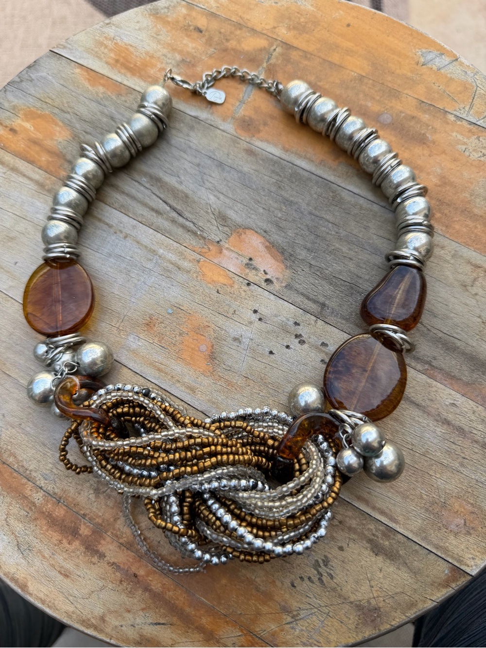 Boho Mixed Metal Beaded Statement Necklace Amber Silver Bronze Multi Strand